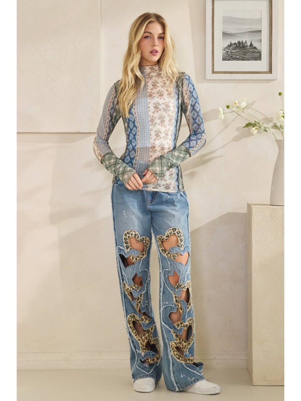 Oli & Hali ❤️NWT Wash Faded Heart Cutout Leopard Print Denim Frayed Seam Jeans❣️